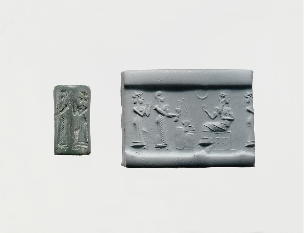 Cylinder seal and modern impression: worshiper pouring a libation before a seated god, Stone, Neo-Sumerian 