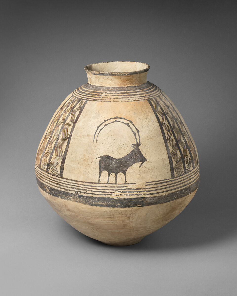 Storage jar decorated with mountain goats, Ceramic, paint