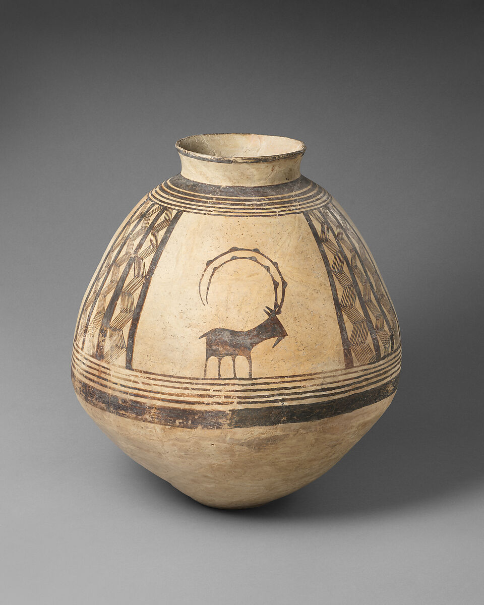 Storage jar decorated with mountain goats, Ceramic, paint