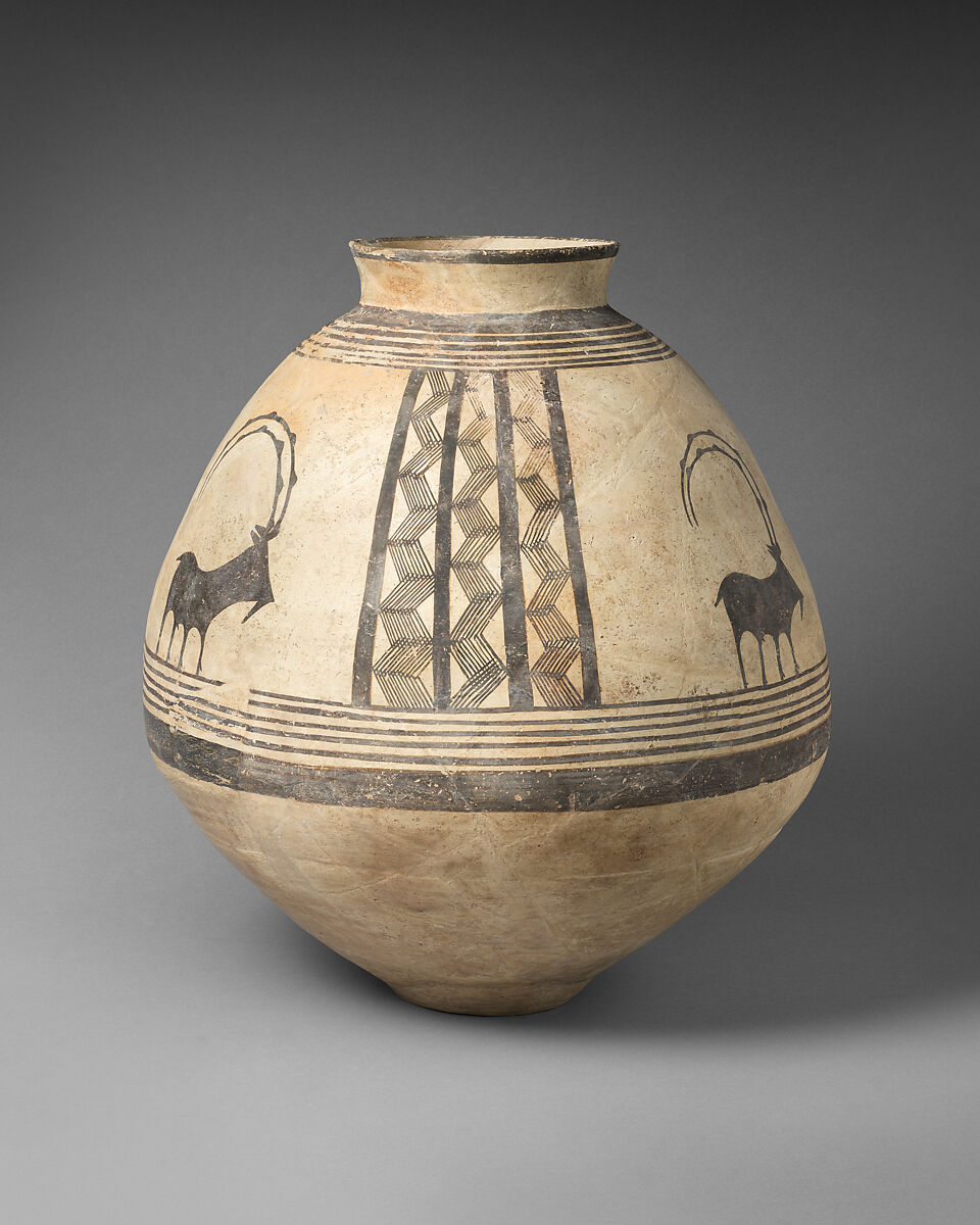Storage jar decorated with mountain goats, Ceramic, paint