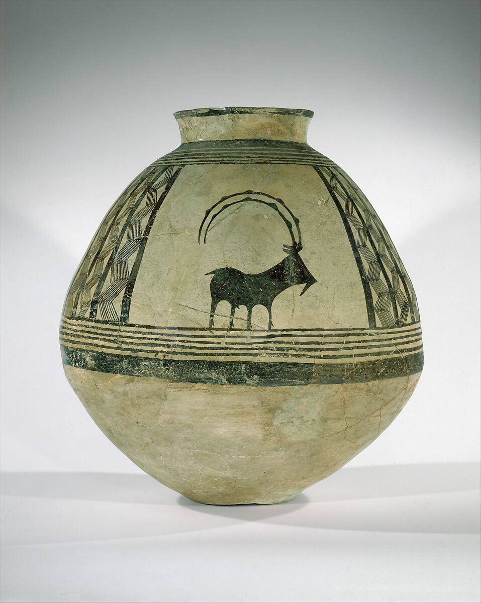Storage jar decorated with mountain goats, Ceramic, paint 