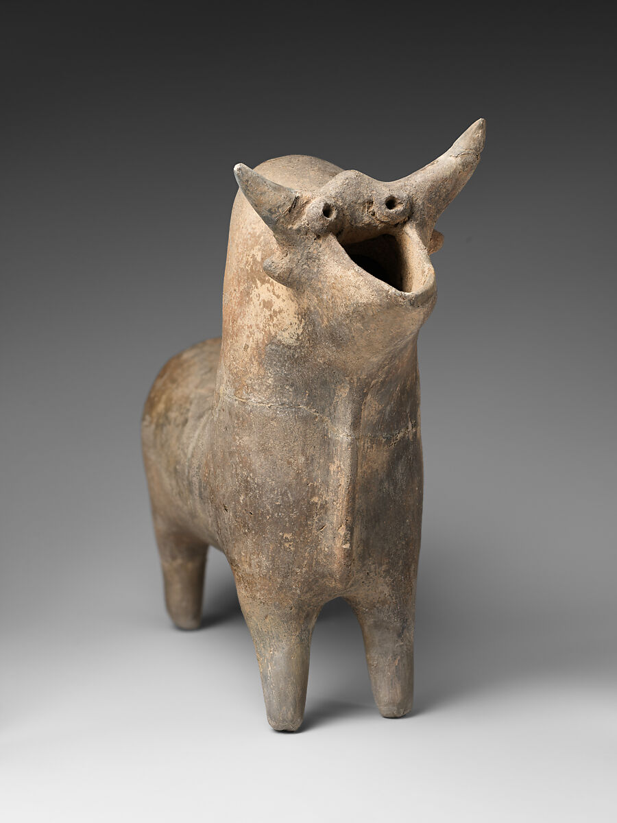 Spouted vessel in the shape of a zebu, Ceramic, Iran