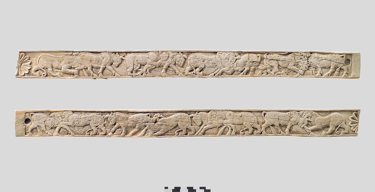 Furniture plaques carved in relief with animal combat, Ivory, Assyrian