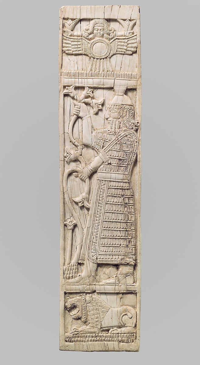 Furniture plaque carved in relief with warrior holding lotuses, Ivory, Assyrian