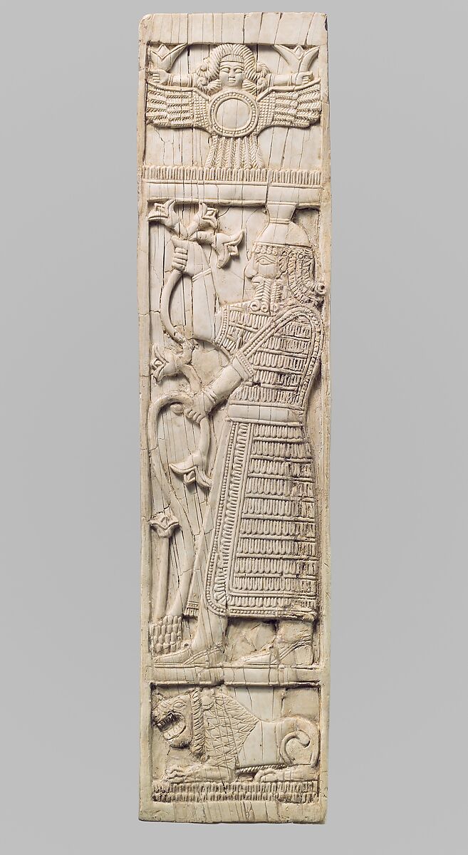 Furniture plaque carved in relief with warrior holding lotuses, Ivory, Assyrian 