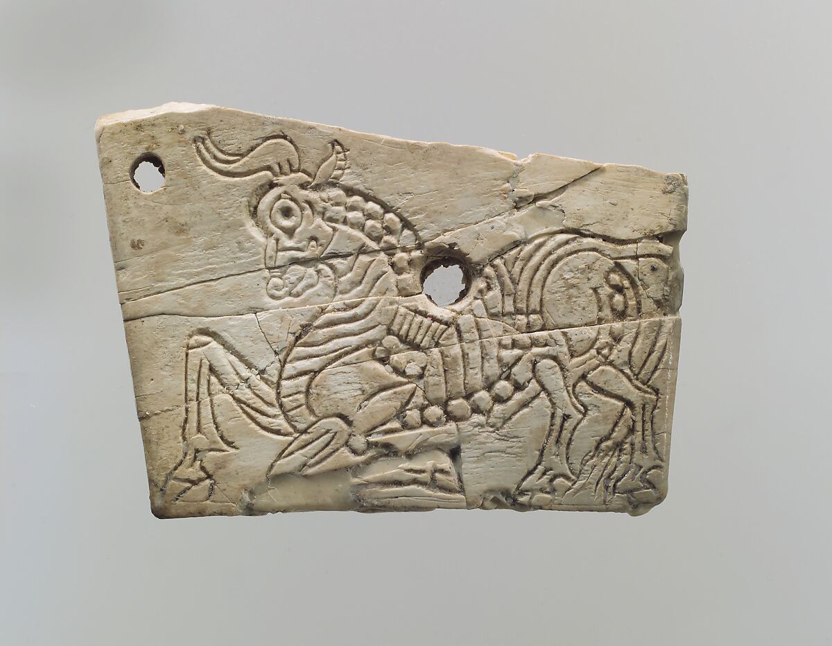 Incised furniture plaque with a kneeling bull, Ivory, Assyrian