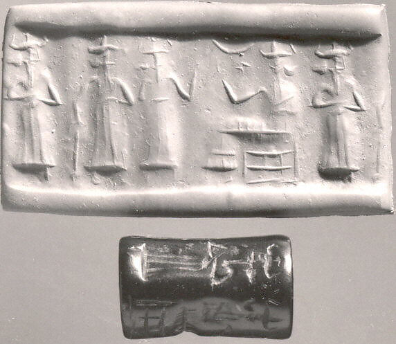 Cylinder seal, Steatite (?), black, Akkadian 