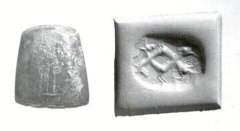 Stamp seal (octagonal pyramid) with animals and divine symbols, Banded neutral Chalcedony (Quartz), Assyro-Babylonian 