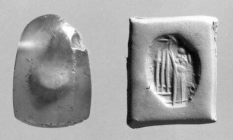 Stamp seal (octagonal pyramid) with cultic scene, Flawed neutral Chalcedony (Quartz), Assyro-Babylonian 