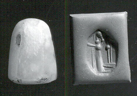 Stamp seal (octagonal pyramid) with cultic scene, Flawed neutral Chalcedony (Quartz), Assyro-Babylonian 