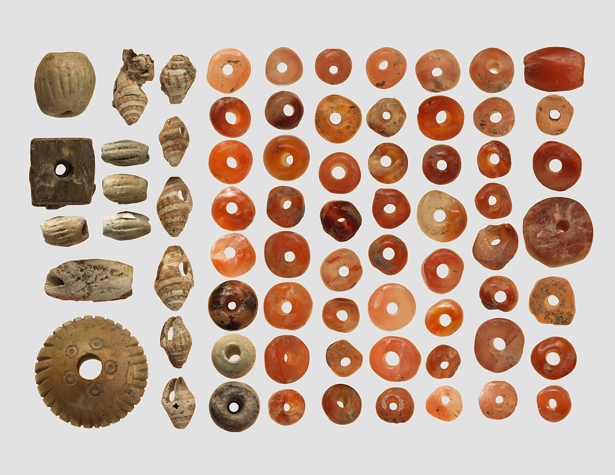Beads, Carnelian, faience, bone, pyrite, shell, glass, Iran 
