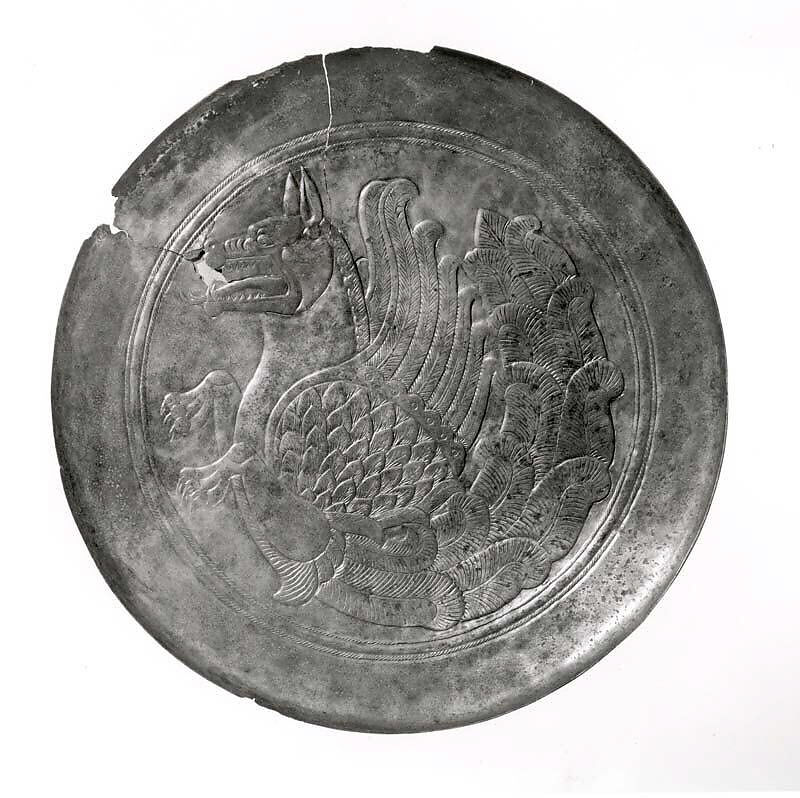 Plate with modern decoration of a mythical griffin bird, known as a senmurv, Bronze with high tin content 