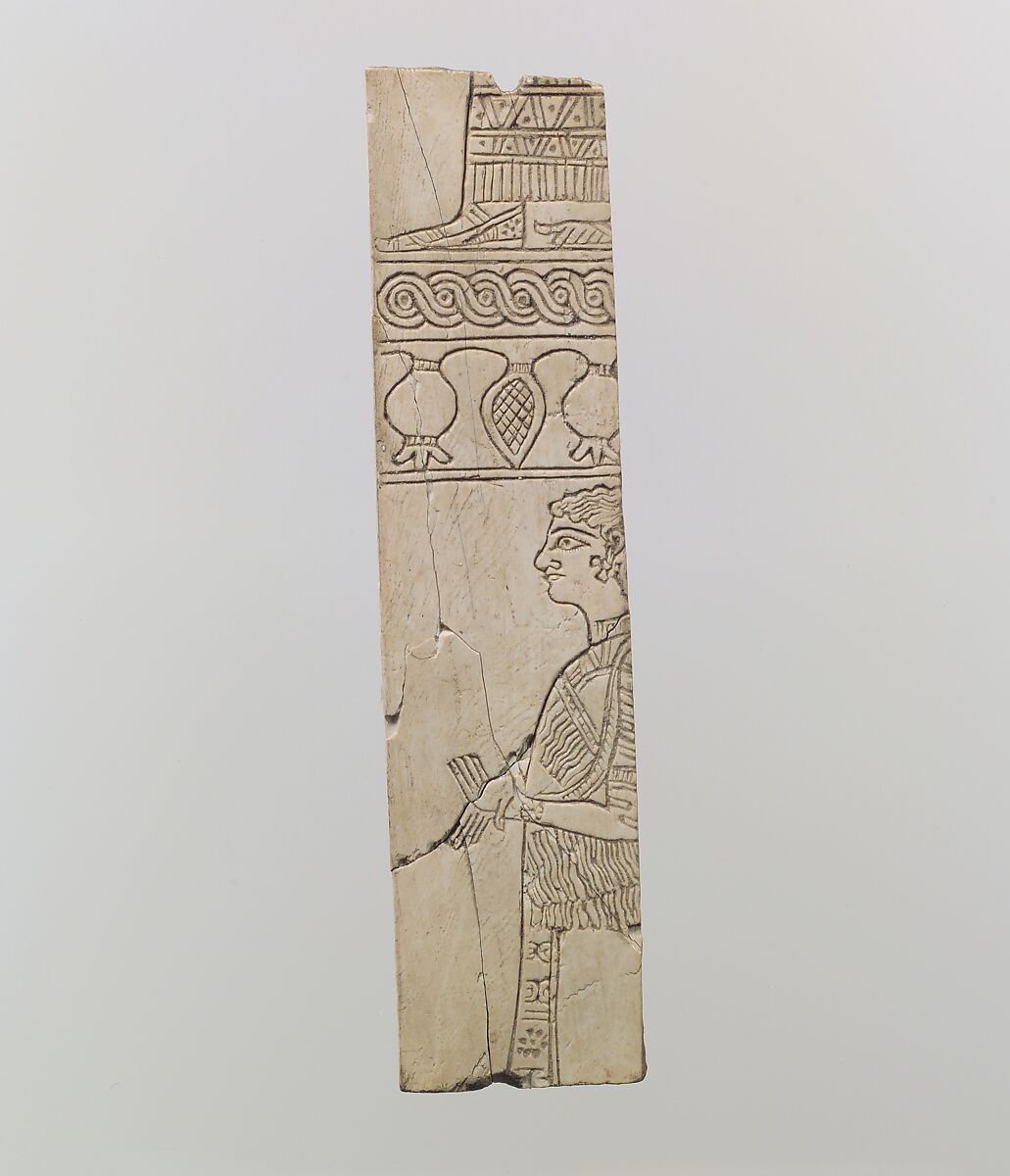 Incised furniture plaque with two figures in two registers, Ivory, Assyrian 