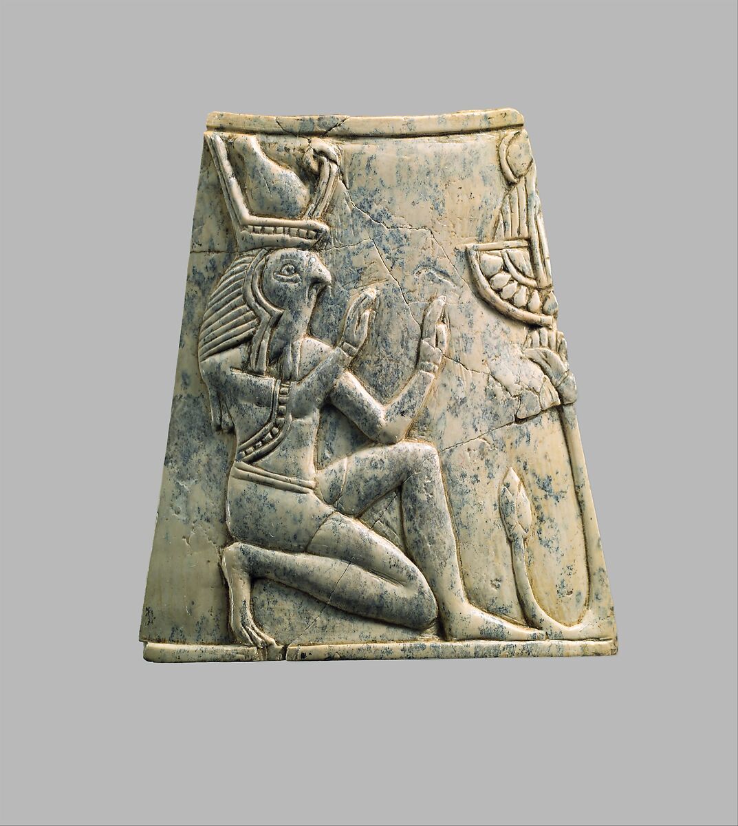 Plaque with falcon-headed Re wearing crown of Upper and Lower Egypt, Ivory, Assyrian 