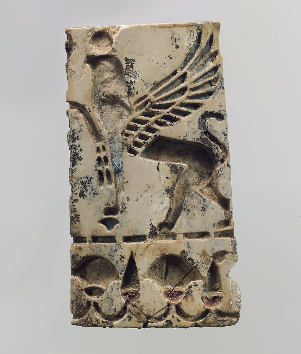 Champlevé furniture or cosmetic box plaque with a griffin and a floral frieze, Ivory, Assyrian 