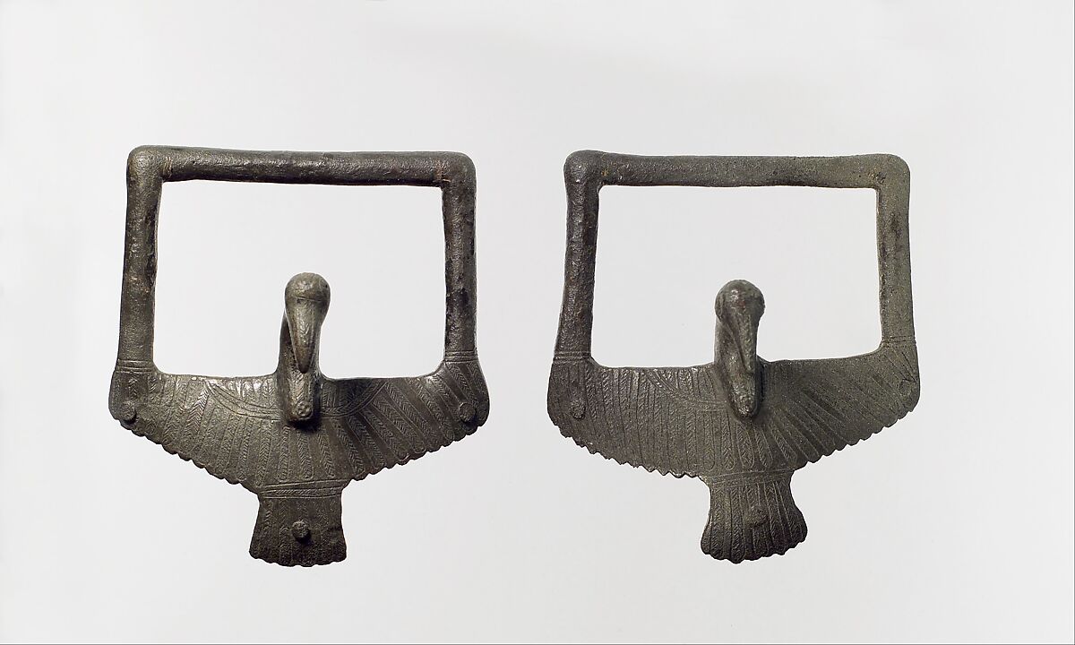 Pair of bird-shaped handles, Bronze, Iran 