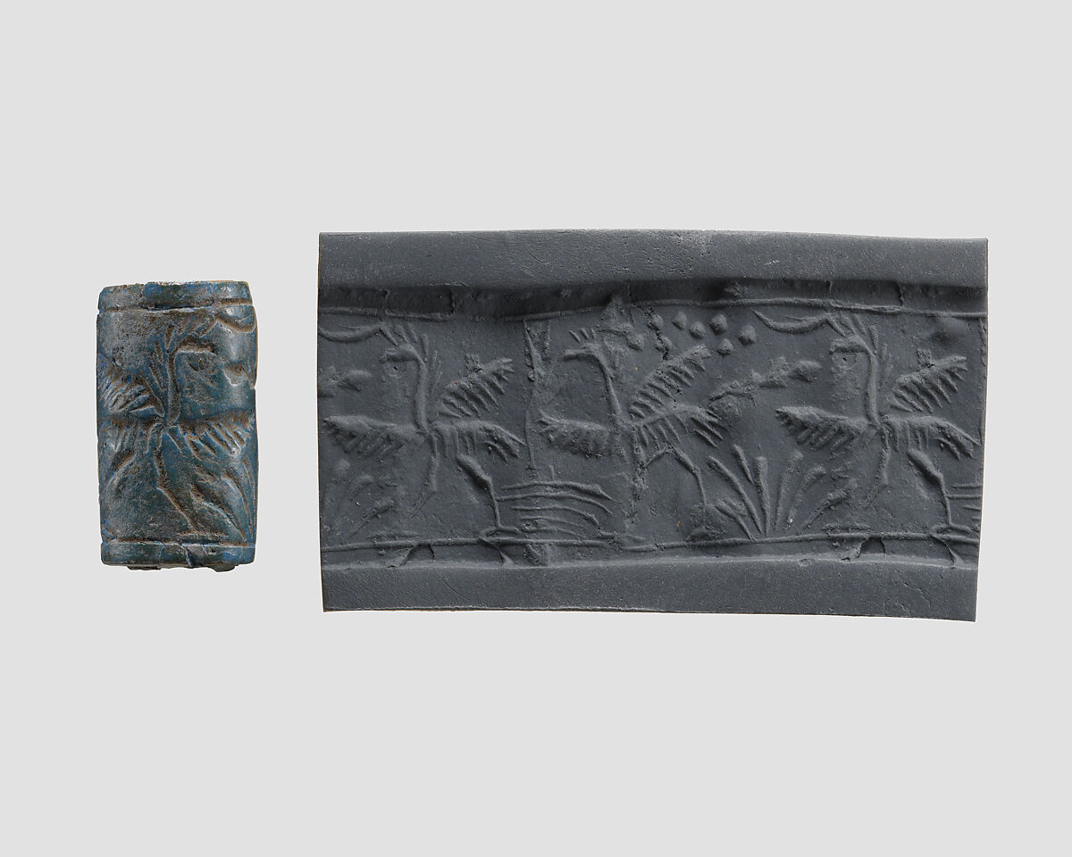 Cylinder seal with animals, Egyptian Blue, Assyrian 