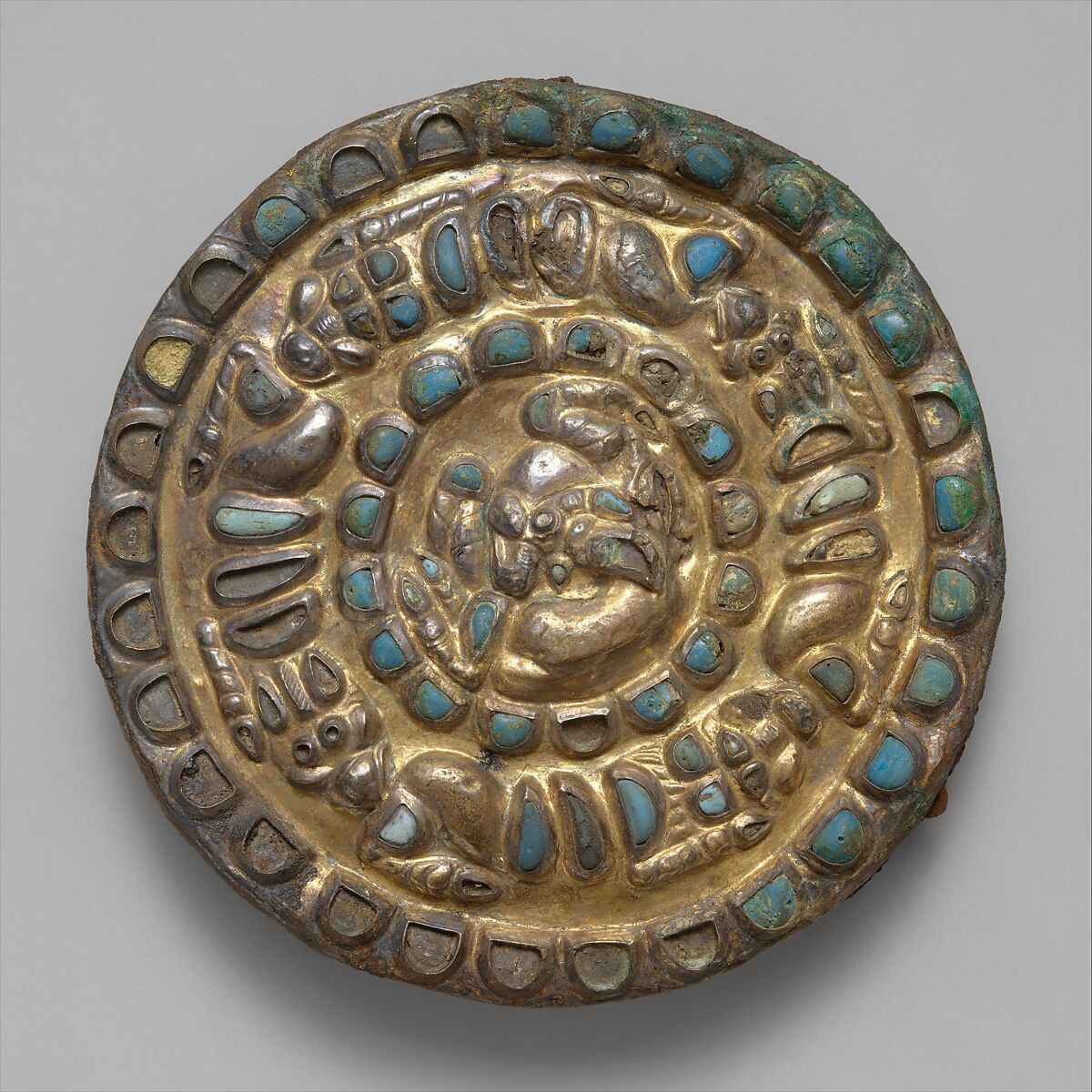 Roundel with a horned animal, lions, and griffins, Gold foil, silver, iron, semi-precious stone or paste, Sarmatian