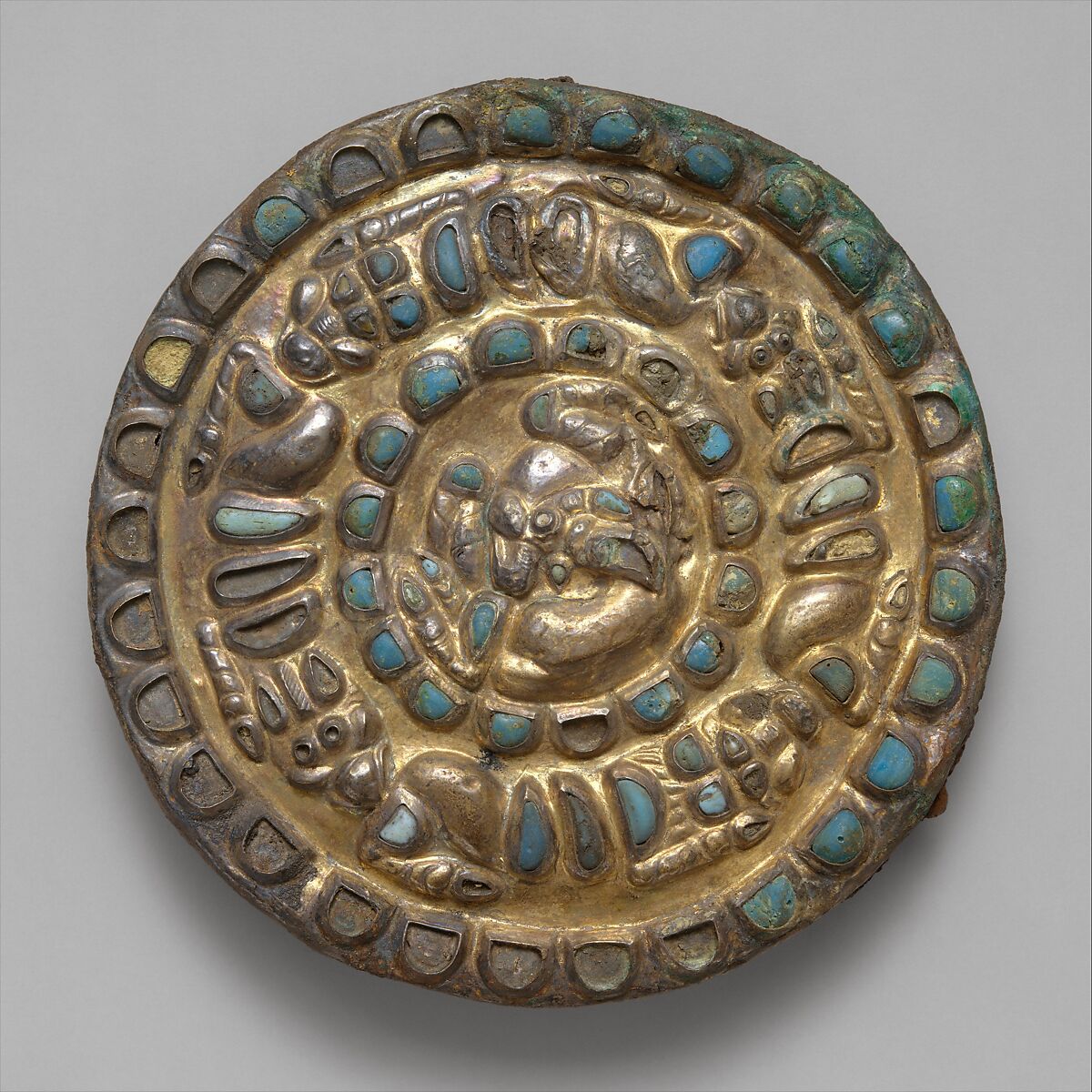 Roundel with a horned animal, lions, and griffins, Gold foil, silver, iron, semi-precious stone or paste, Sarmatian 