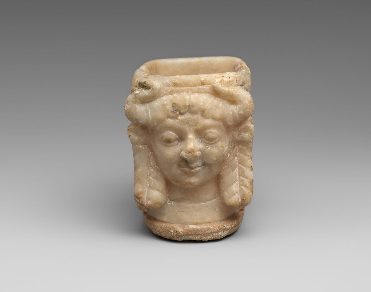 Vessel with heads of horned female deities, Gypsum alabaster, Sumerian 