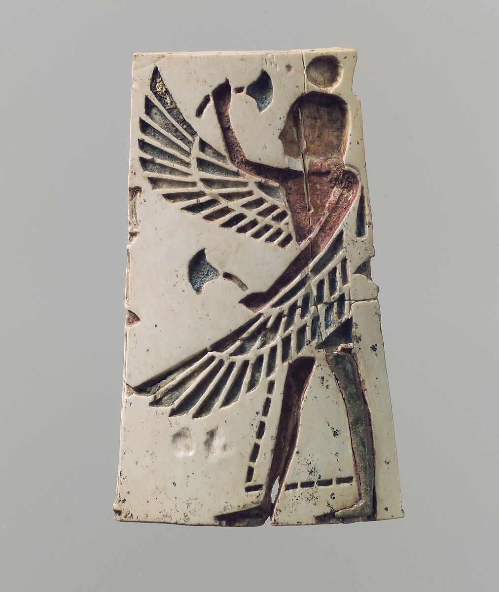 Champlevé furniture or cosmetic box plaque with a winged youth, Ivory, Assyrian 