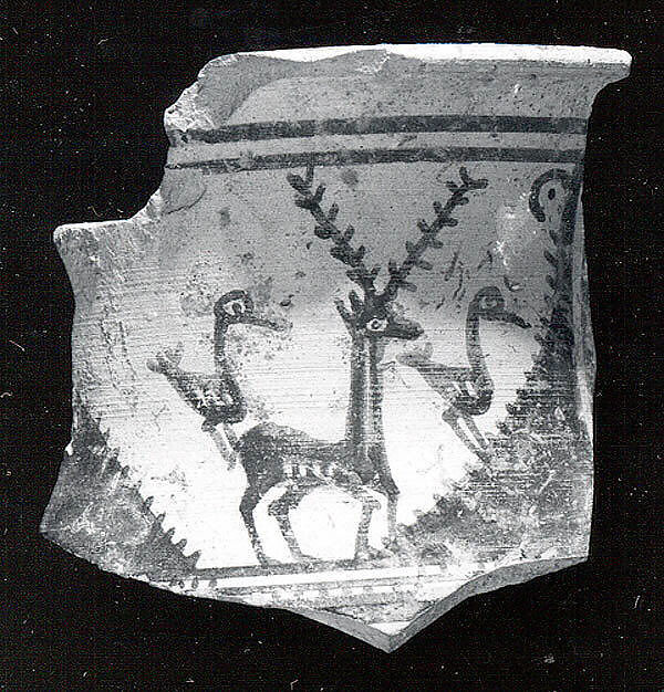 Vessel fragment with a stag flanked by long-necked birds, Ceramic, paint 