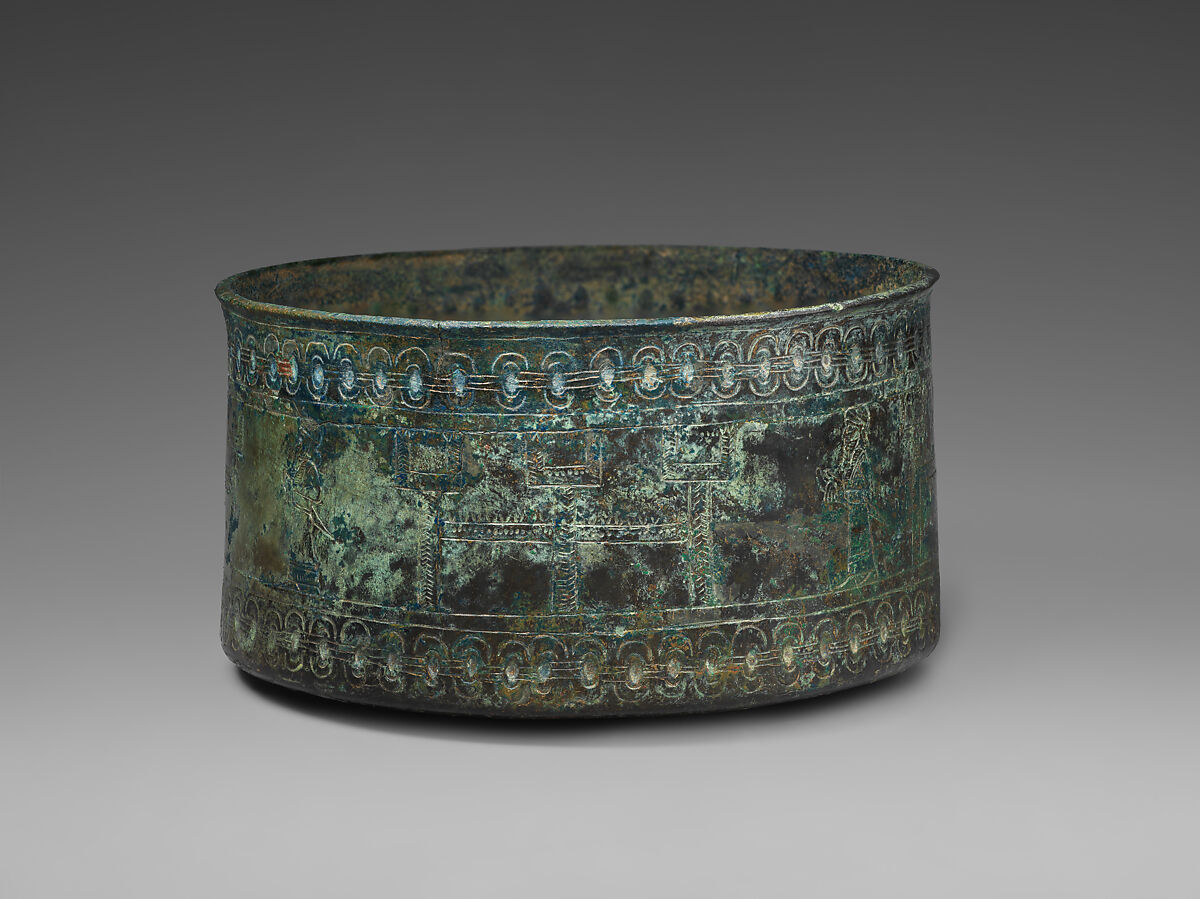 Circular box; alternating male figures and three-towered fortresses, Bronze, Iran