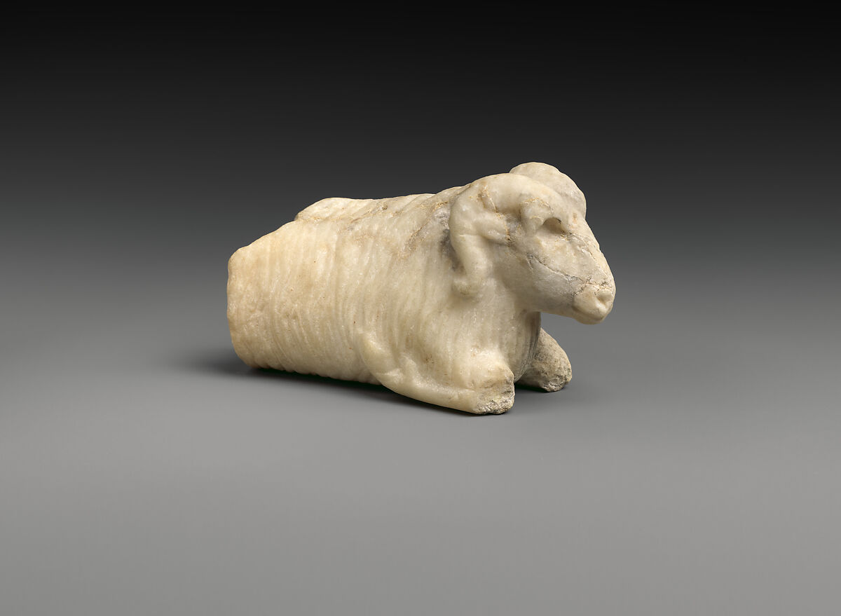 Furniture element: ram with bitumen-lined socket, Gypsum alabaster, bitumen, Sumerian 