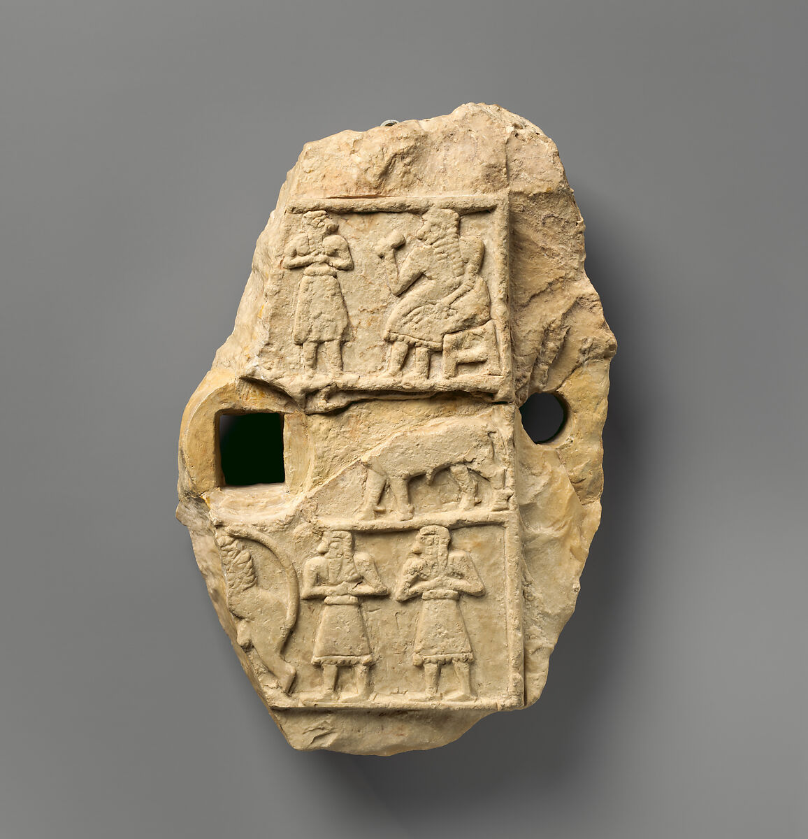 Relief plaque with a banquet scene, Gypsum alabaster, Sumerian 