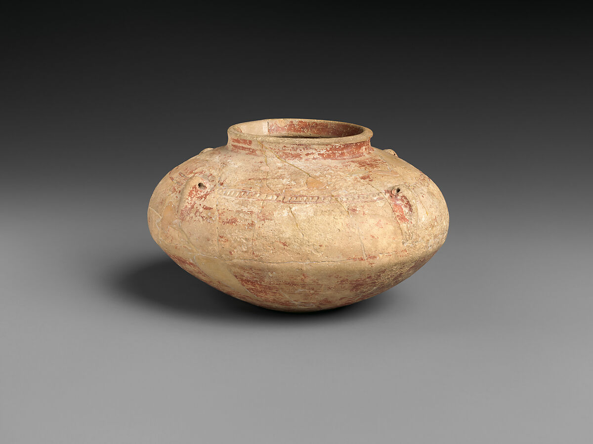 Squat jar with pierced lug handles, Ceramic, paint 