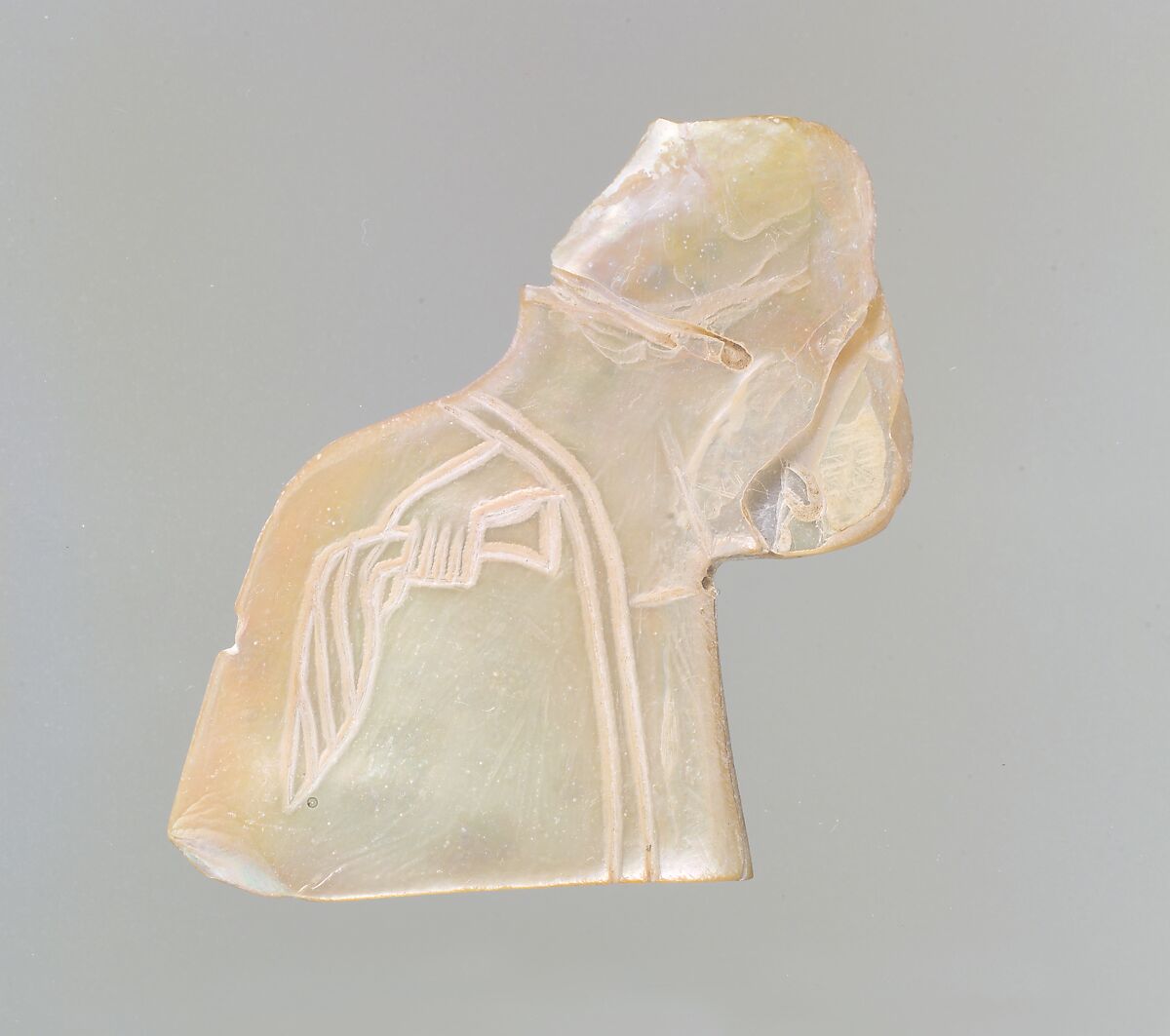 Inlay: banquet scene with a seated figure holding a palm frond, Shell, Sumerian 