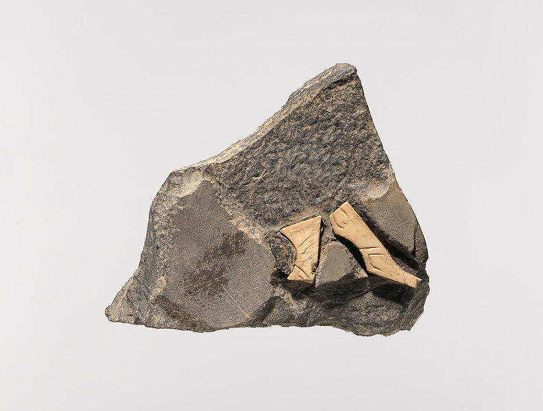 Plaque with animal legs, Shell, slate, bitumen, Sumerian 