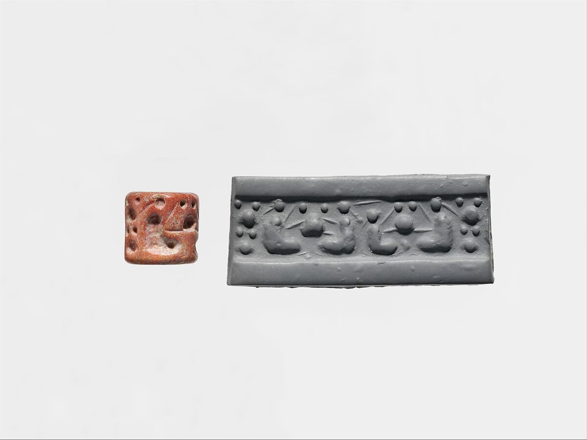 Cylinder seal and modern impression: seated "pigtailed ladies" and pots, Limestone
