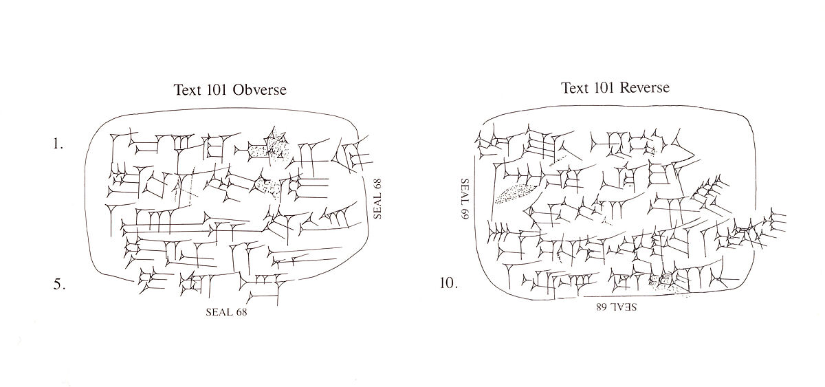 Cuneiform tablet impressed with two cylinder seals: administrative record, Clay, Assyrian