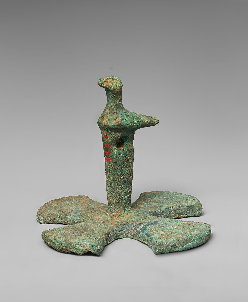 Stamp seal (maltese cross base with bird-shaped handle) with geometric design, Bronze, Iranian