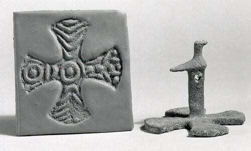 Stamp seal (maltese cross base with bird-shaped handle) with geometric design, Bronze, Iranian 