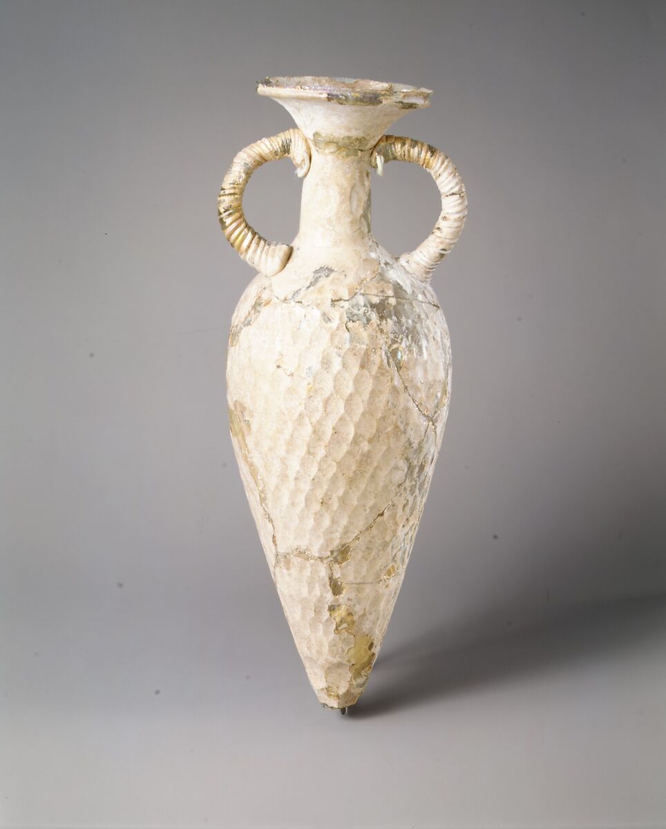 Two-handled vessel with a pierced base, Glass, pale green, Sasanian