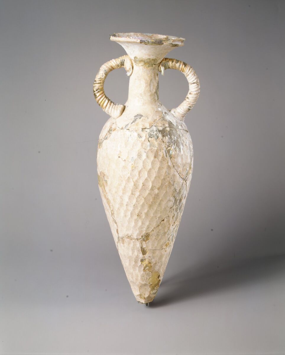 Two-handled vessel with a pierced base, Glass, pale green, Sasanian 