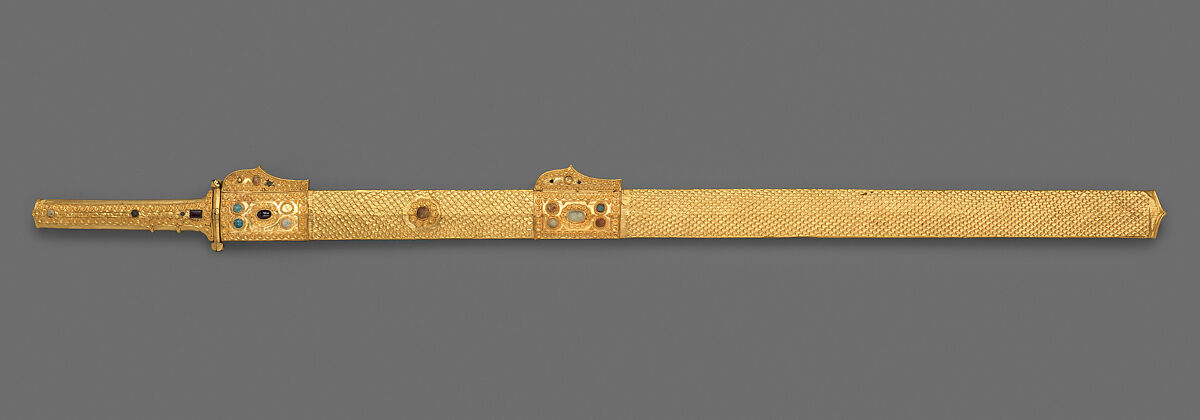 Sword and scabbard, Blade: iron; scabbard and hilt: gold over wood, garnets, glass-paste; guard: gilt-bronze, Sasanian