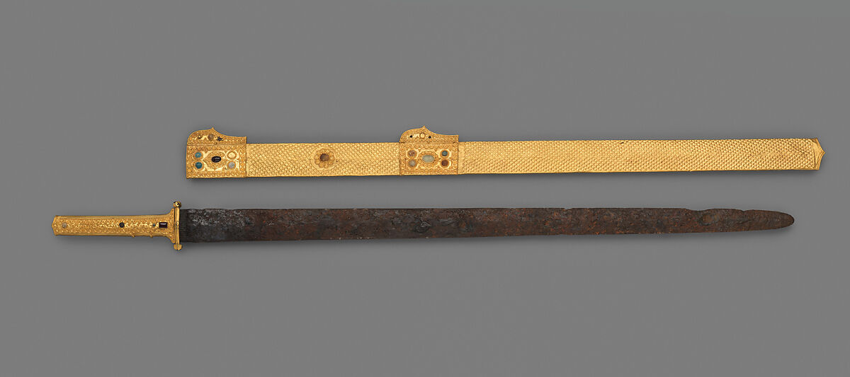 Sword and scabbard, Blade: iron; scabbard and hilt: gold over wood, garnets, glass-paste; guard: gilt-bronze, Sasanian