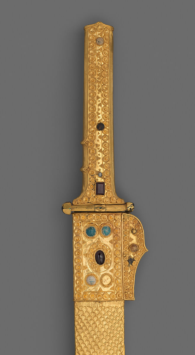 Sword and scabbard, Blade: iron; scabbard and hilt: gold over wood, garnets, glass-paste; guard: gilt-bronze, Sasanian