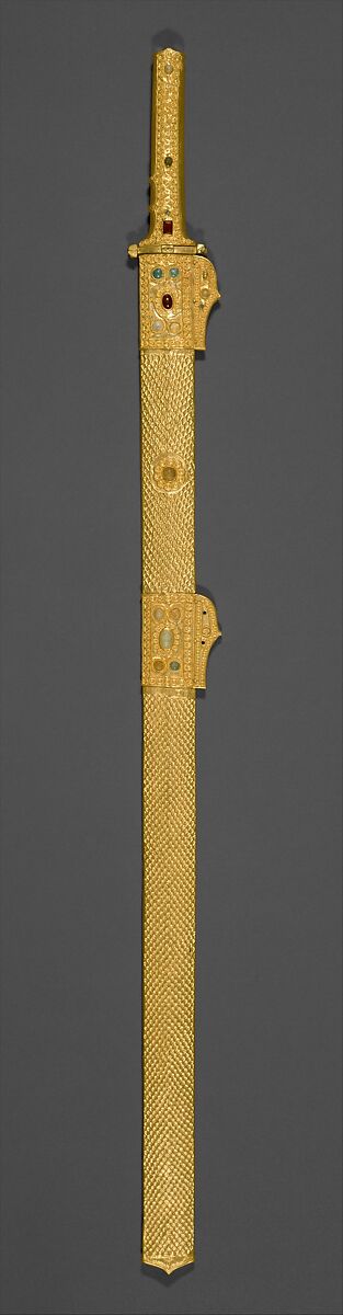 Sword and scabbard, Blade: iron; scabbard and hilt: gold over wood, garnets, glass-paste; guard: gilt-bronze, Sasanian