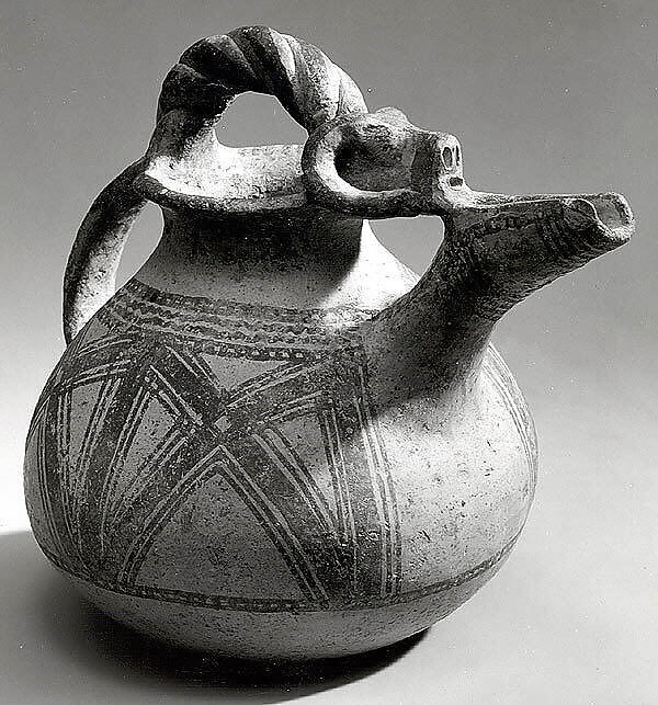 Spouted jar with geometric decoration, Ceramic, paint, Iran 