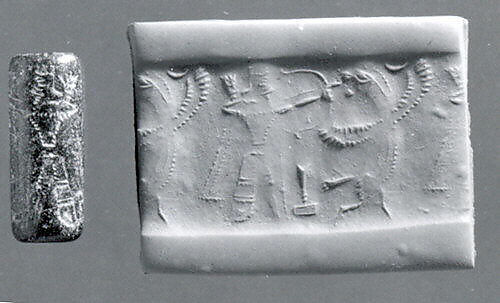 Cylinder seal with mythological contest scene, Black Steatite, Assyrian 