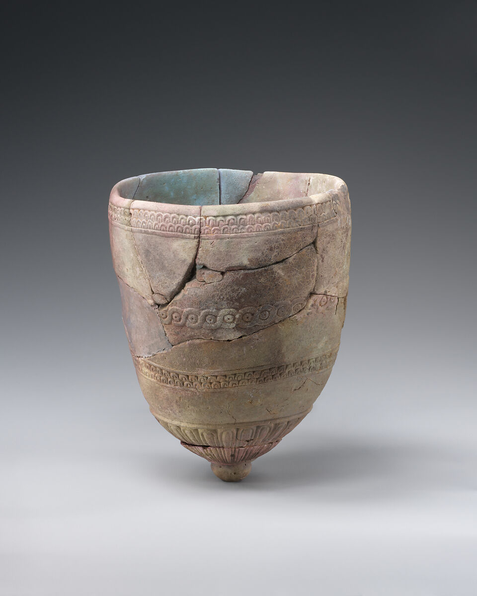 Beaker with tongue and guilloche patterns, Glass, Egyptian Blue, Iran