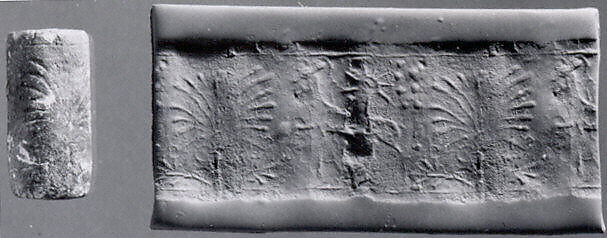 Cylinder seal with animal and divine symbols, Egyptian Blue, Assyrian 