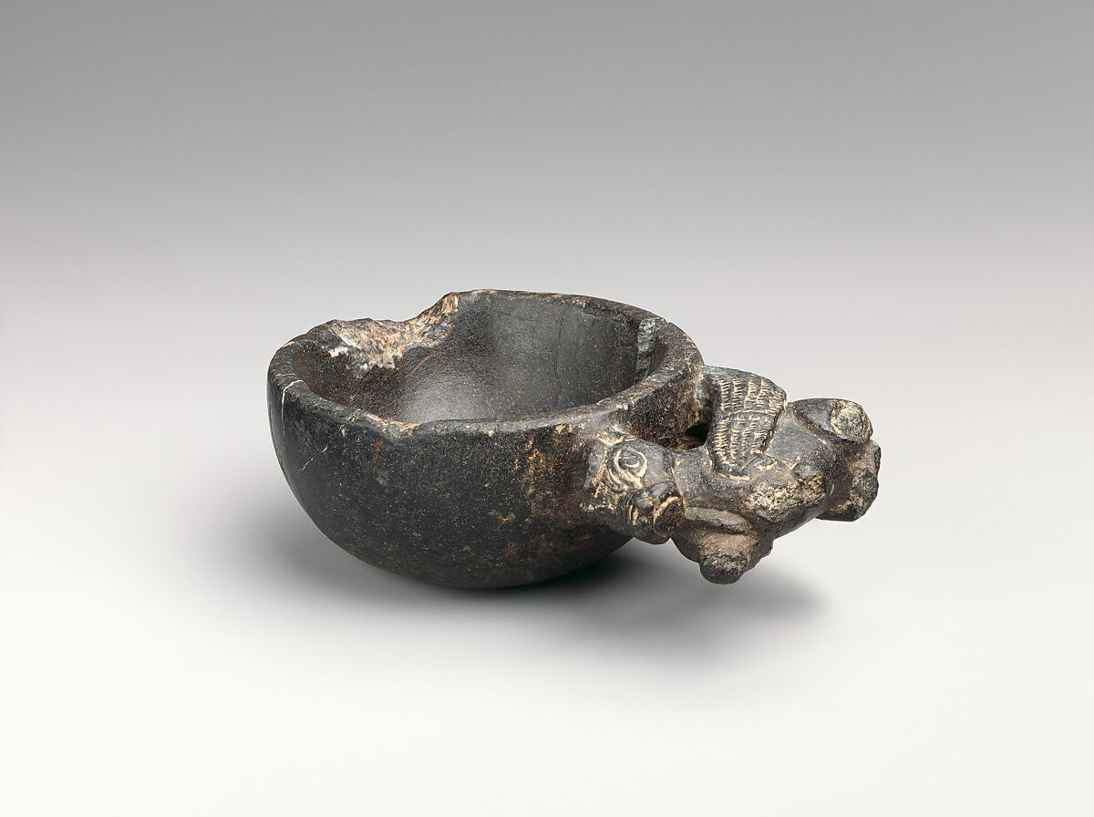Bowl with a handle in the form of a winged bull, Chlorite 