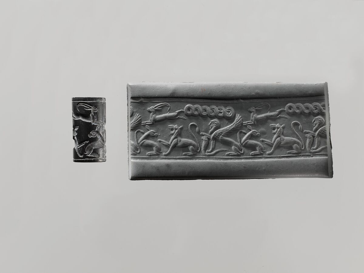 Cylinder seal and modern impression: animal combat and sphinx, Hematite