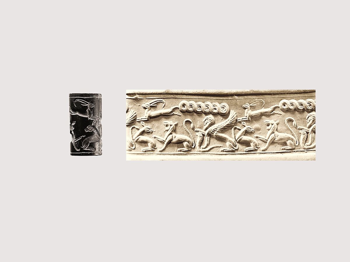 Cylinder seal and modern impression: animal combat and sphinx, Hematite 