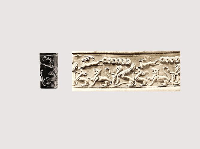 Cylinder seal and modern impression: animal combat and sphinx